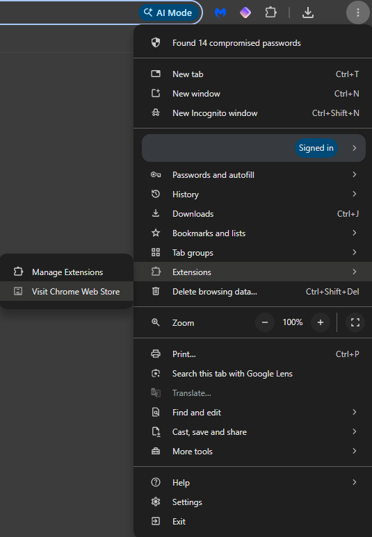 google chrome menu options