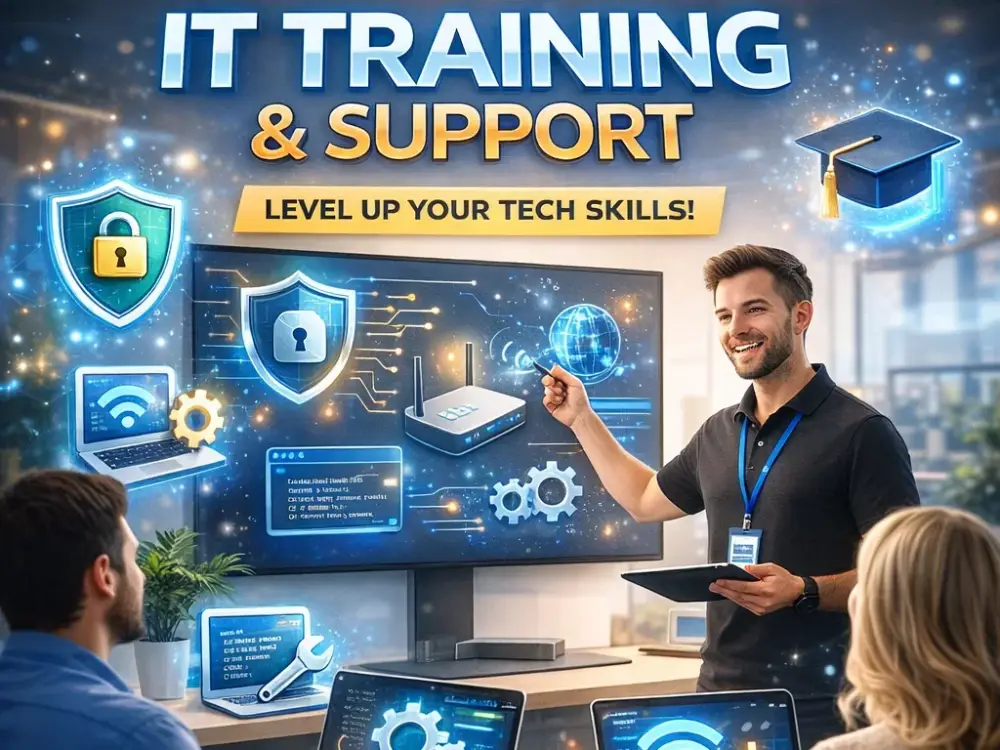 IT training and support picture of man training staff and people on IT areas giving support