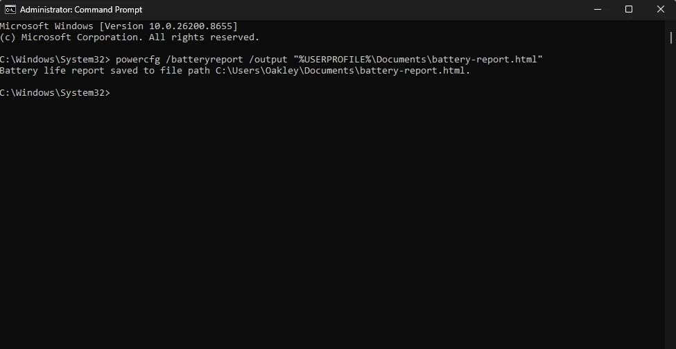 Windows 11 battery report command in Command Prompt showing where the battery health report is saved