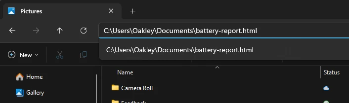 Windows 11 File Explorer showing where to paste the battery report file path to open the HTML report